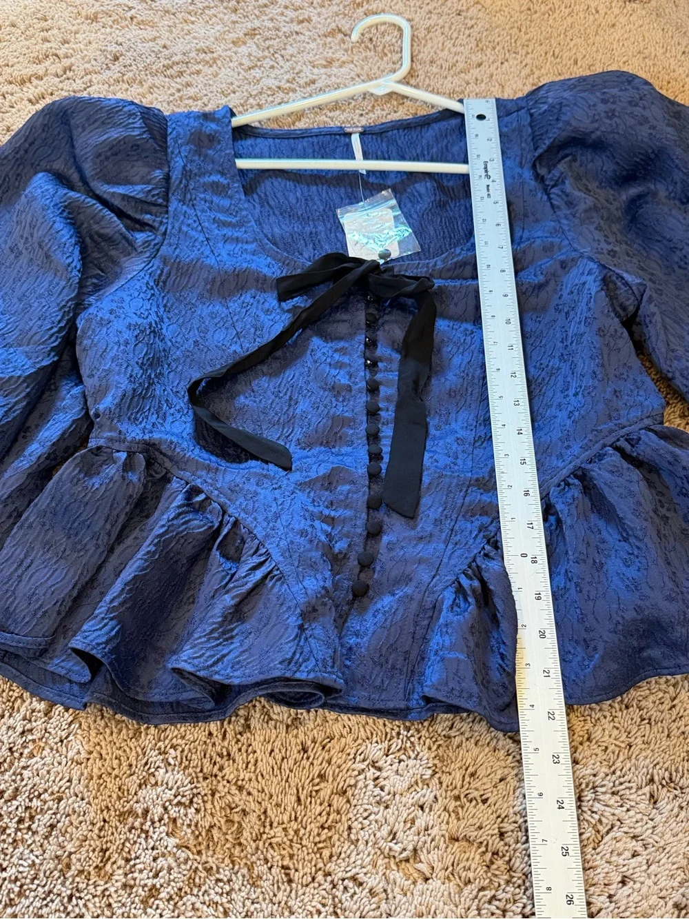NWT new medium free people Pamela bow blouse top blue buttons puff sleeves